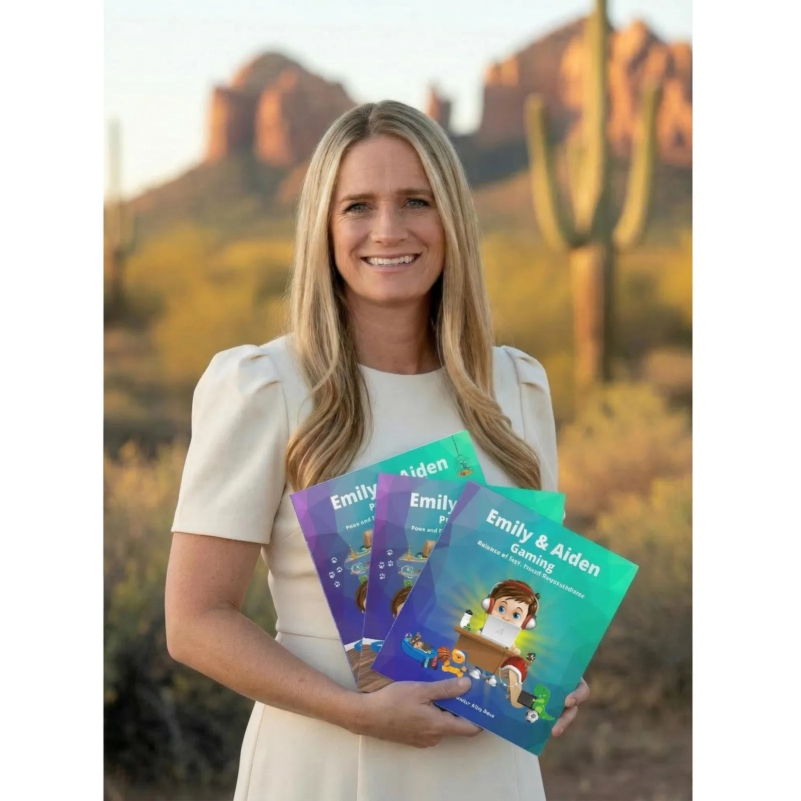 Author Miss Rose holding the Emily & Aiden books in the Arizona desert