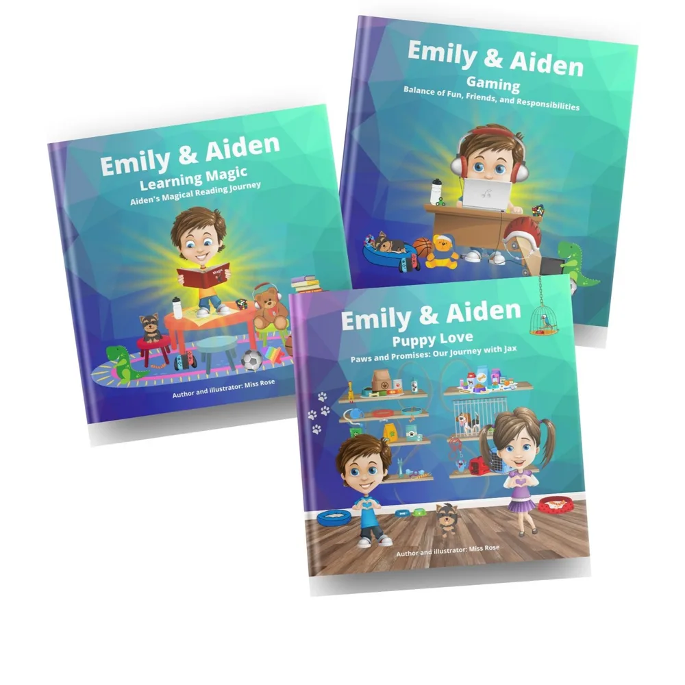 The three Emily & Aiden hardcover books: Learning Magic, Puppy Love, and Gaming